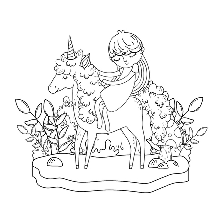 beautiful little unicorn with princess in the landscape vector illustration designのイラスト素材