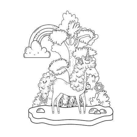 beautiful little unicorn with rainbow in the landscape vector illustration designのイラスト素材