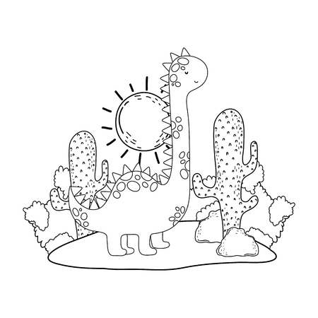cute apatosaurus with cactus in the landscape vector illustration designのイラスト素材