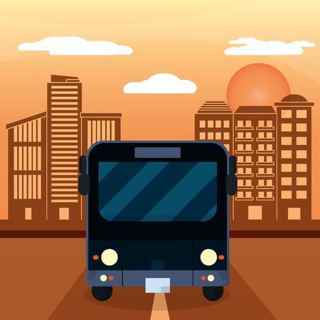 black bus city sunset vector illustrationのイラスト素材