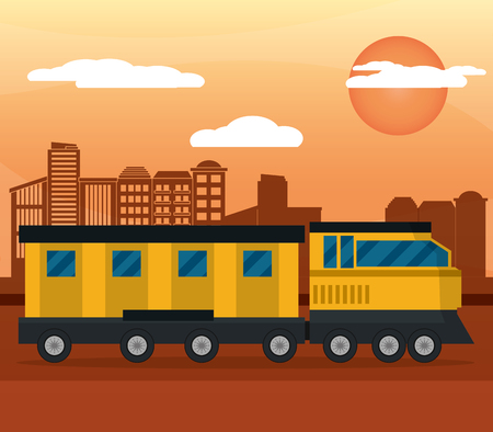 yellow train city sunset vector illustrationのイラスト素材