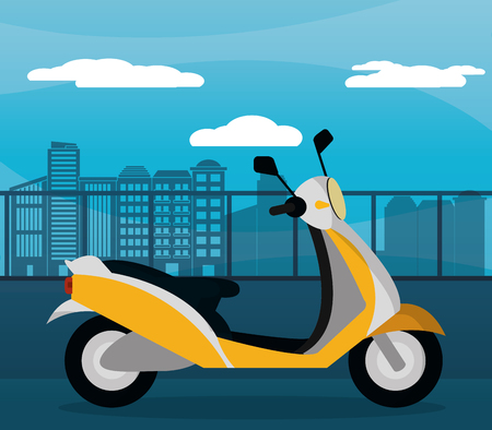 yellow scooter city sunset vector illustrationのイラスト素材