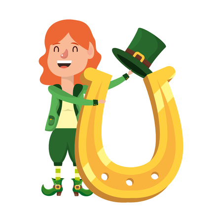 leprechaun dwarf girl horseshoe vector illustrationのイラスト素材