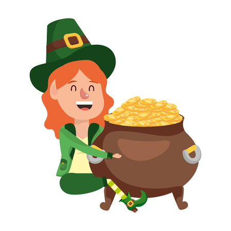 leprechaun dwarf girl gold pot vector illustrationのイラスト素材