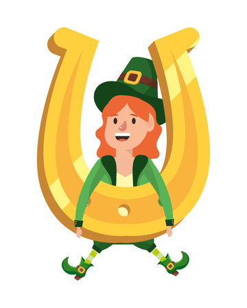 leprechaun dwarf girl horseshoe vector illustrationのイラスト素材