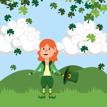 dwarf girl rain clovers outdoors vector illustrationのイラスト素材