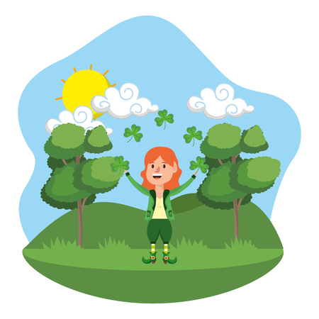 dwarf girl juggle clovers outdoors vector illustrationのイラスト素材