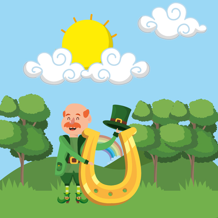 leprechaun dwarf man horseshoe outdoors vector illustrationのイラスト素材