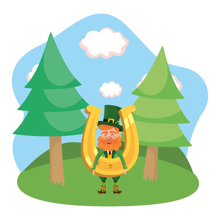 leprechaun dwarf man horseshoe outdoors vector illustrationのイラスト素材