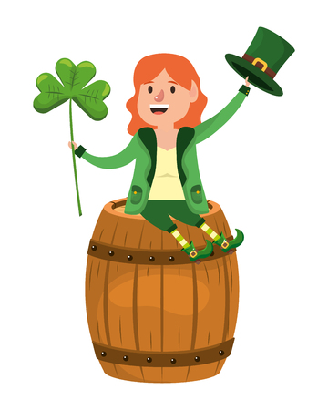 st patricks day elf over wooden barrel cartoon vector illustration graphic designのイラスト素材
