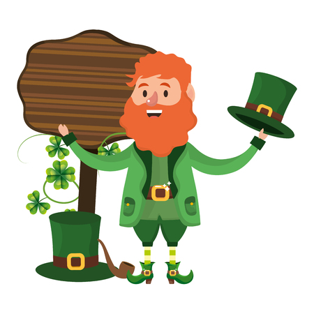 st patricks day leprechaun with wooden sign cartoon vector illustration graphic designのイラスト素材