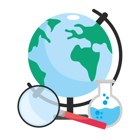 world map with magnifying glass and beaker cartoon vector illustration graphic designのイラスト素材