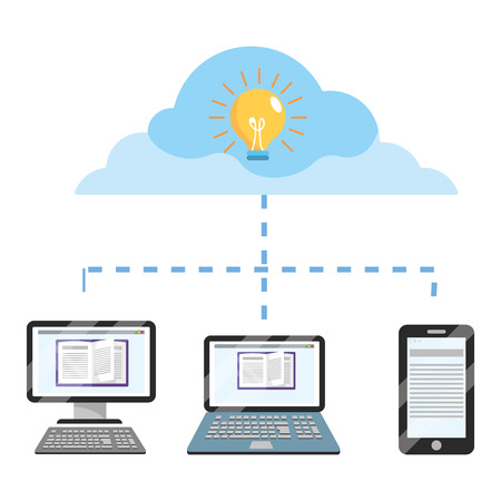 online education computer device with smartphone and laptop connected cartoon vector illustration graphic designのイラスト素材