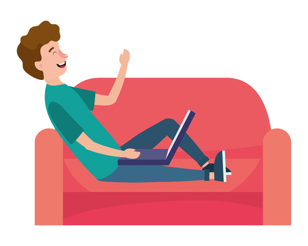 young man over couch with laptop cartoon vector illustration graphic designのイラスト素材