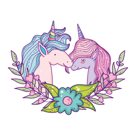 beautiful little unicorns couple heads vector illustration designのイラスト素材