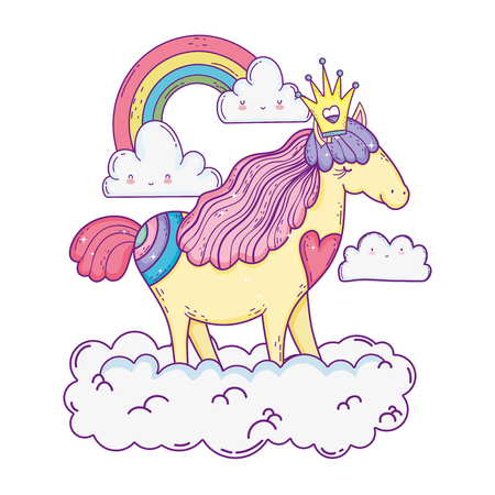 beautiful little unicorn in the clouds and rainbow vector illustration designのイラスト素材