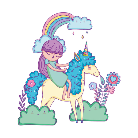 beautiful little unicorn with princess in the landscape vector illustrationのイラスト素材