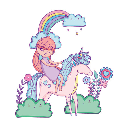 beautiful little unicorn with princess in the landscape vector illustrationのイラスト素材