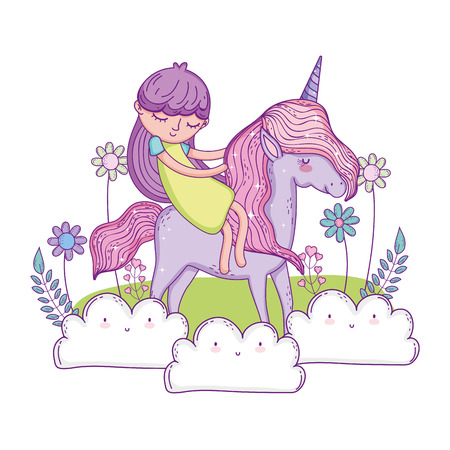 beautiful little unicorn with princess in the landscape vector illustration designのイラスト素材