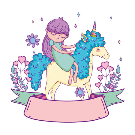little unicorn and princess with wreath flowers vector illustration designのイラスト素材