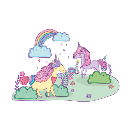 unicorns couple in the landscape characters vector illustration designのイラスト素材