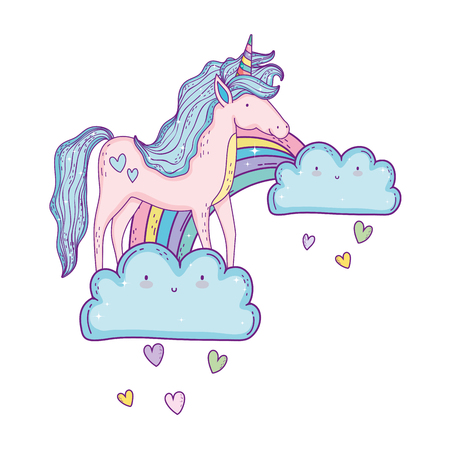 beautiful little unicorn in the clouds and rainbow vector illustration designのイラスト素材