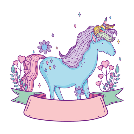beautiful little unicorn with flowers and ribbon frame vector illustration designのイラスト素材
