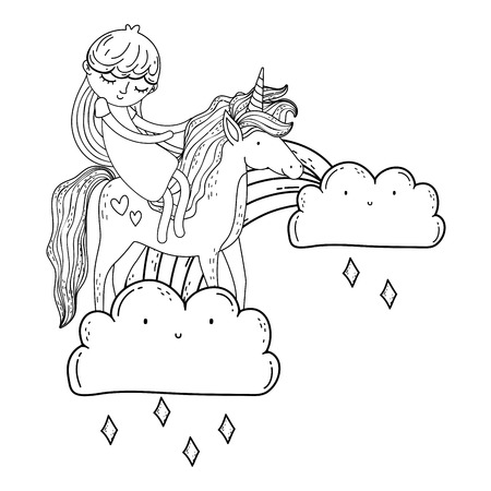 little unicorn and princess in the clouds vector illustration designのイラスト素材
