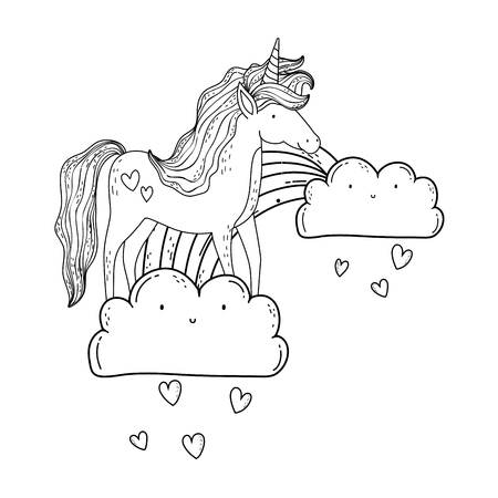 beautiful little unicorn in the clouds and rainbow vector illustration designのイラスト素材