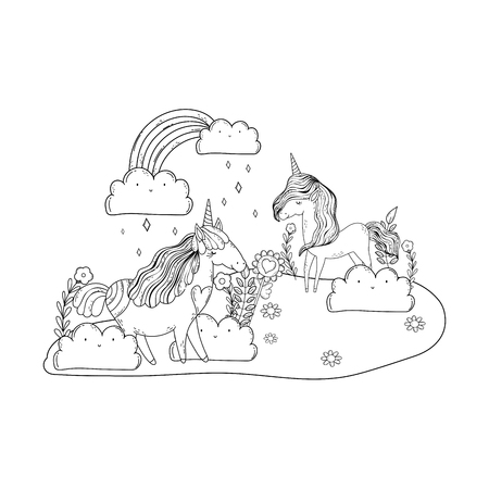 unicorns couple in the landscape characters vector illustration designのイラスト素材