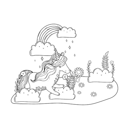 beautiful little unicorn with rainbow in the landscape vector illustration designのイラスト素材