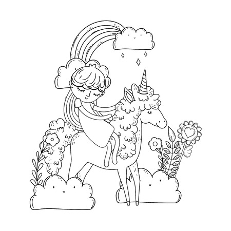 beautiful little unicorn with princess in the landscape vector illustration designのイラスト素材