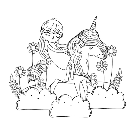 beautiful little unicorn with princess in the landscape vector illustration designのイラスト素材