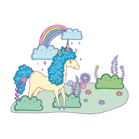 beautiful little unicorn with rainbow in the landscape vector illustrationのイラスト素材