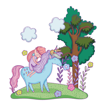 beautiful little unicorn with princess in the landscape vector illustration designのイラスト素材