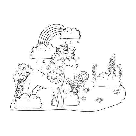 beautiful little unicorn with rainbow in the landscape vector illustrationのイラスト素材