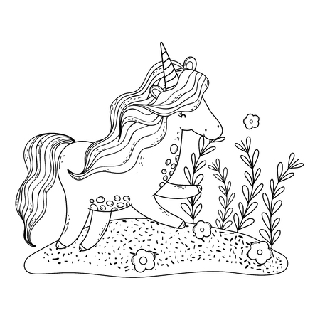 beautiful little unicorn in the landscape vector illustration designのイラスト素材