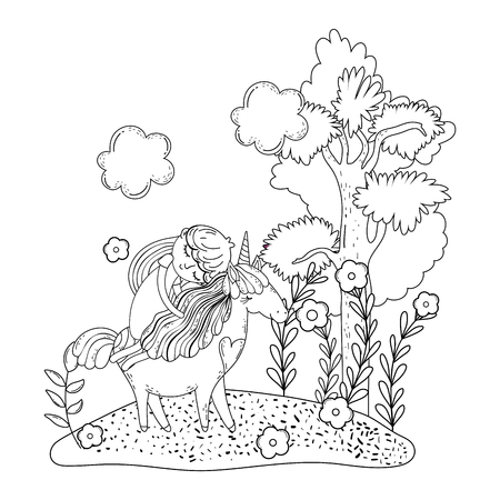 beautiful little unicorn with princess in the landscape vector illustration designのイラスト素材
