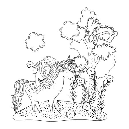 beautiful little unicorn with princess in the landscape vector illustration designのイラスト素材