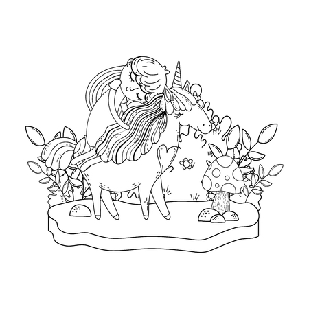beautiful little unicorn with princess in the landscape vector illustration designのイラスト素材