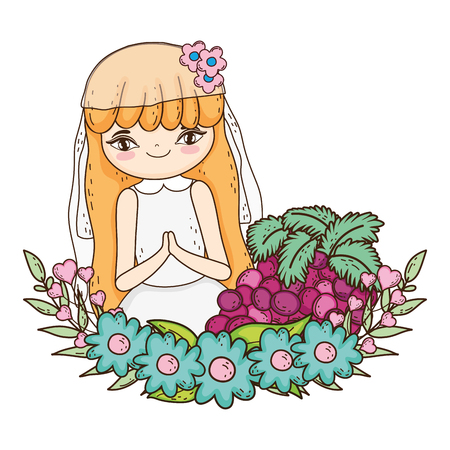 little girl with grapes fruits in communion celebrationのイラスト素材