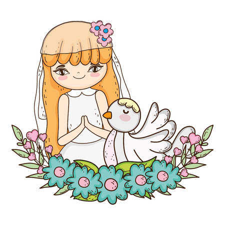 little girl with dove in first communion celebrationのイラスト素材
