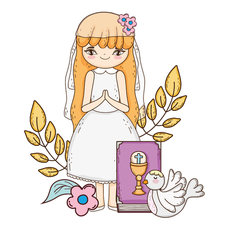 little girl with dove in first communion celebrationのイラスト素材