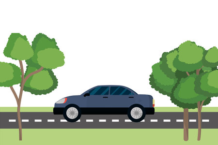 transportation concept car at street between nature cartoon vector illustration graphic designのイラスト素材
