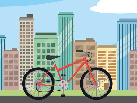 transportation concept mountain bike in front city landscape cartoon vector illustration graphic designのイラスト素材