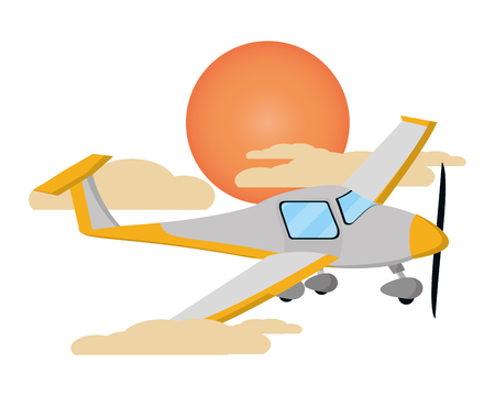 transportation concept small plane flying between clouds and sun at sunset scene cartoon vector illustration graphic designのイラスト素材