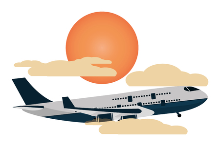 transportation concept airplane flying between clouds and sun at sunset scene cartoon vector illustration graphic designのイラスト素材