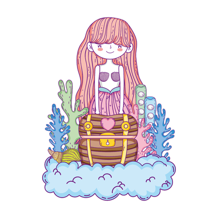 beautiful mermaid with treasure chest in clouds vector illustration designのイラスト素材