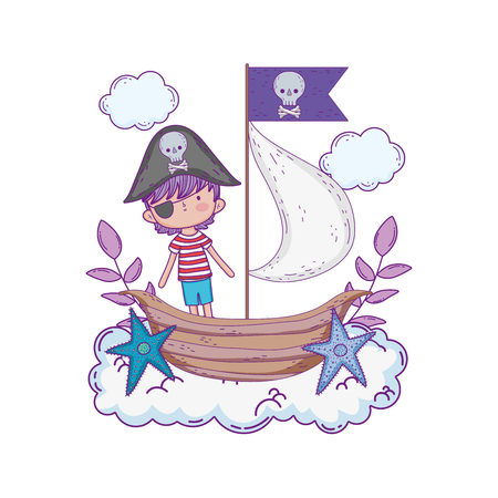 little pirate with boat in clouds vector illustration designのイラスト素材