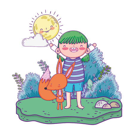little fox with girl in the landscape characters vector illustration designのイラスト素材
